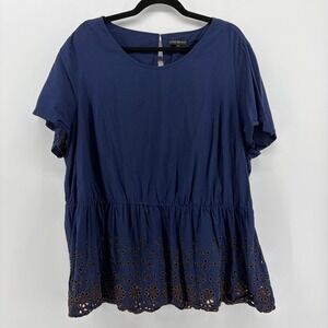 Lane Bryant Navy Eyelet Hem Short Sleeve Top